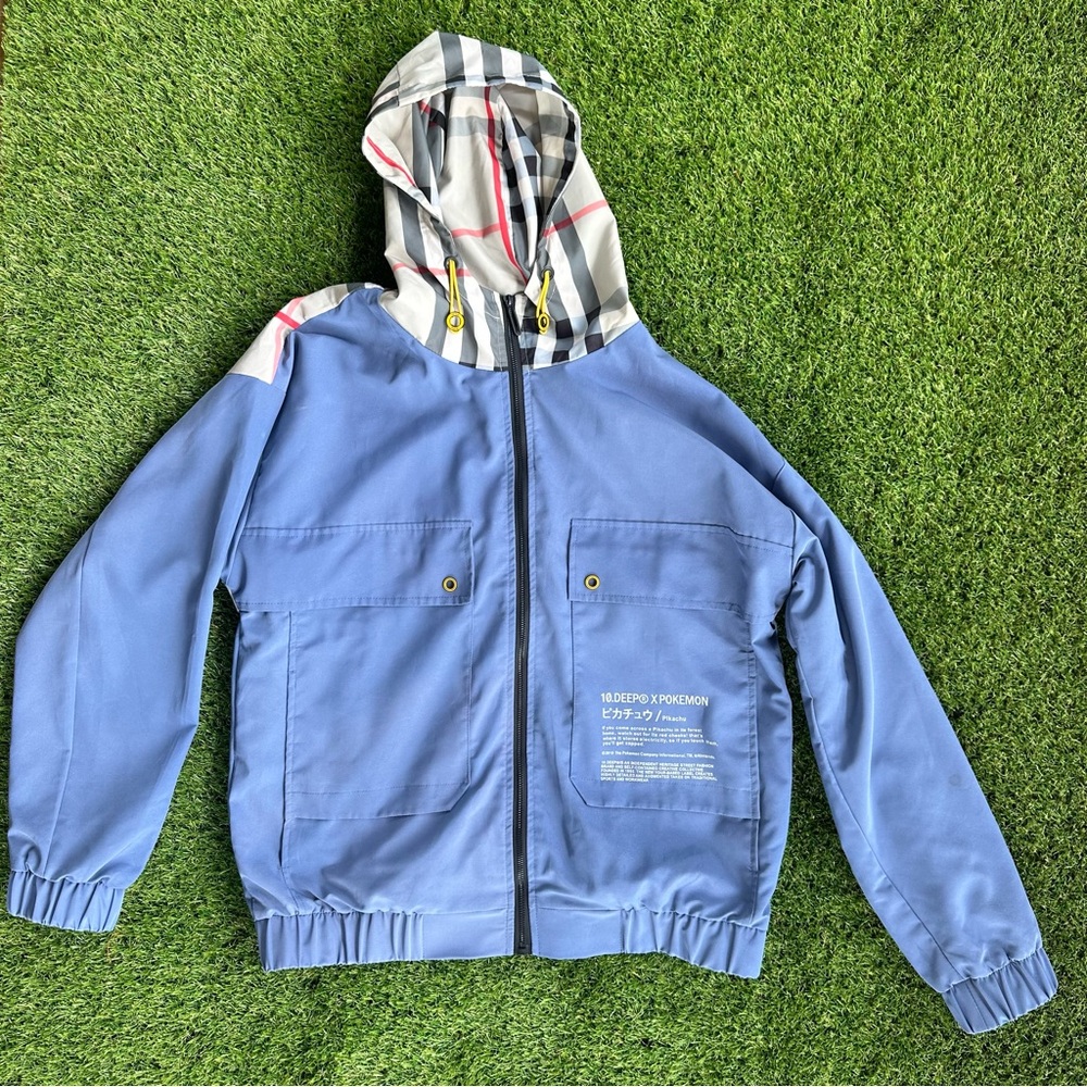 10.Deep X Pokemon Windbreaker Full Zip Hooded Jacket Mosshino Coutube Blue Sz L